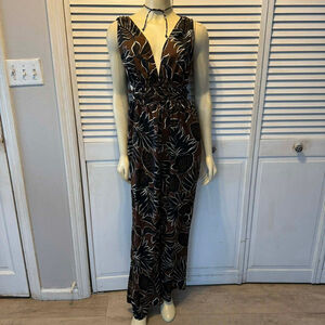 Women's Indulge Instyle Brown Black Leaf Print Jumpsuit L